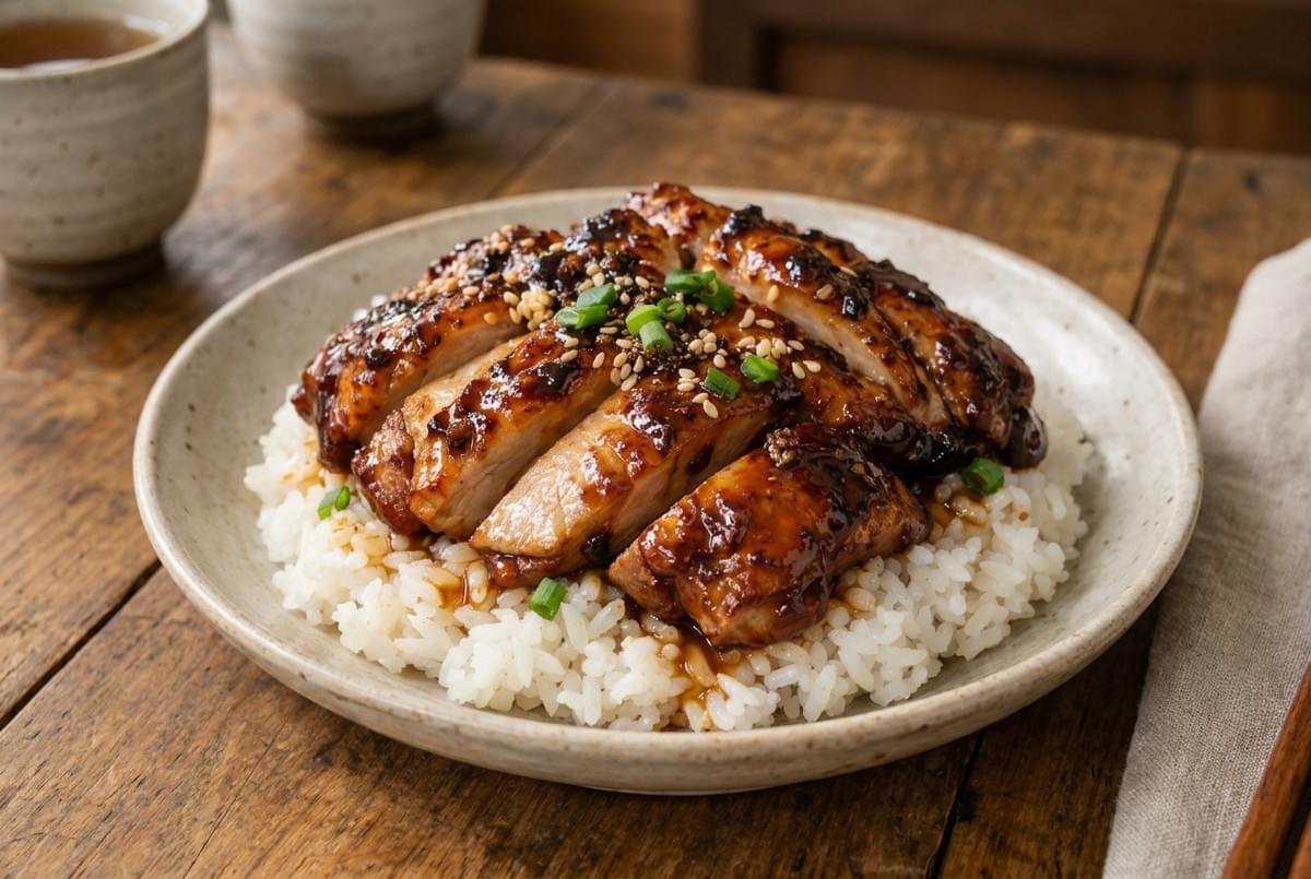 Sliced teriyaki chicken served over a bed of white rice in a shallow bowl. Sliced teriyaki chicken served over a bed of white rice in a shallow bowl.