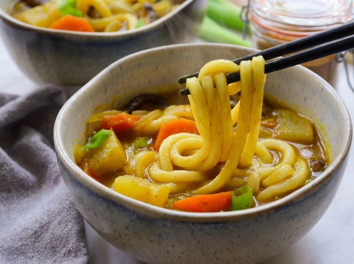 Chopsticks lifting thick udon noodles from a steaming bowl of curry soup with vegetables. Chopsticks lifting thick udon noodles from a steaming bowl of curry soup with vegetables.