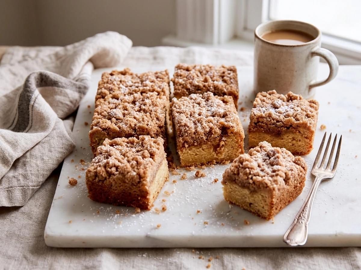 Square slices of crumb cake served on a marble board alongside a cup of coffee. Square slices of crumb cake served on a marble board alongside a cup of coffee.