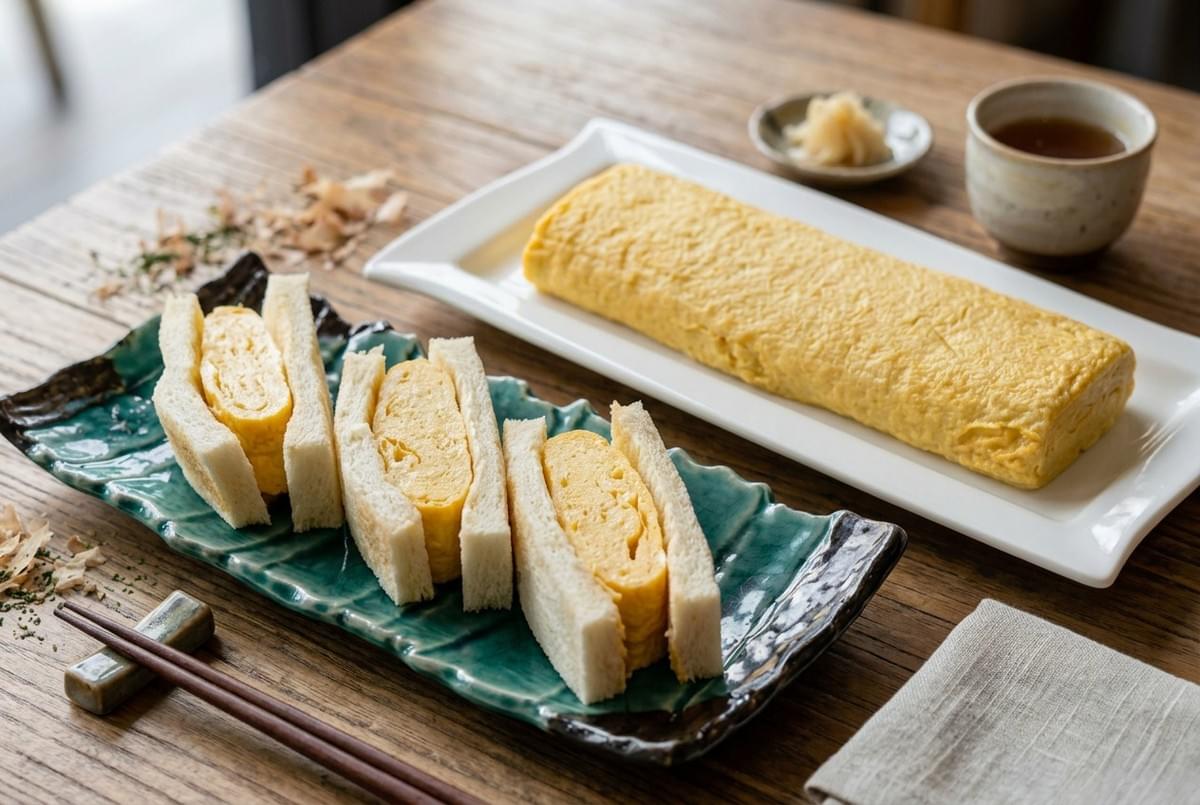 Japanese egg salad sandwiches and tamagoyaki roll served on ceramic plates at a wooden table. Japanese egg salad sandwiches and tamagoyaki roll served on ceramic plates at a wooden table.