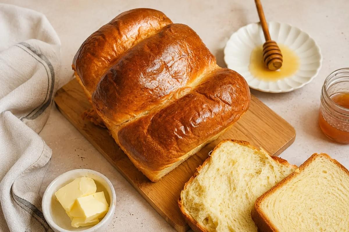 Golden-brown brioche loaf on a wooden board next to butter, sliced bread, and a honey dipper. Golden-brown brioche loaf on a wooden board next to butter, sliced bread, and a honey dipper.