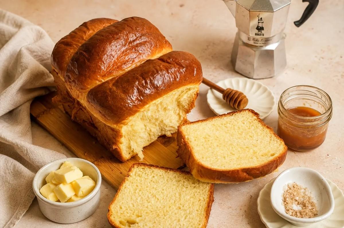 Sliced brioche loaf on a wooden cutting board with butter, honey, sea salt, and a moka pot. Sliced brioche loaf on a wooden cutting board with butter, honey, sea salt, and a moka pot.