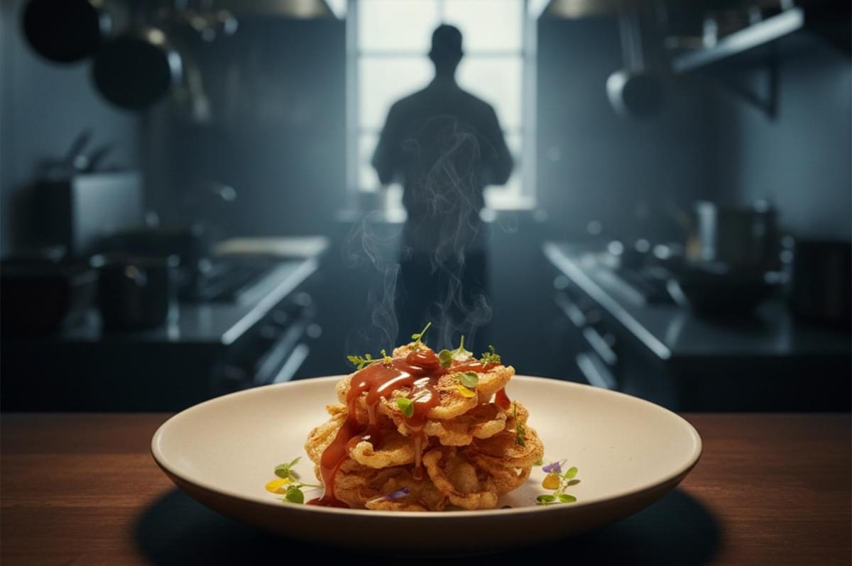 A professional plating of crispy fried banana blossom topped with red sauce, set against the silhouette of a chef in a dimly lit commercial kitchen. A professional plating of crispy fried banana blossom topped with red sauce, set against the silhouette of a chef in a dimly lit commercial kitchen.