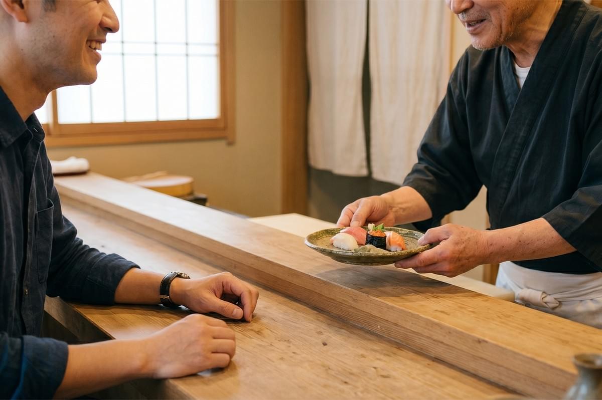 A sushi chef serving a plate of fresh nigiri to a smiling customer at a traditional Japanese sushi bar counter. A sushi chef serving a plate of fresh nigiri to a smiling customer at a traditional Japanese sushi bar counter.