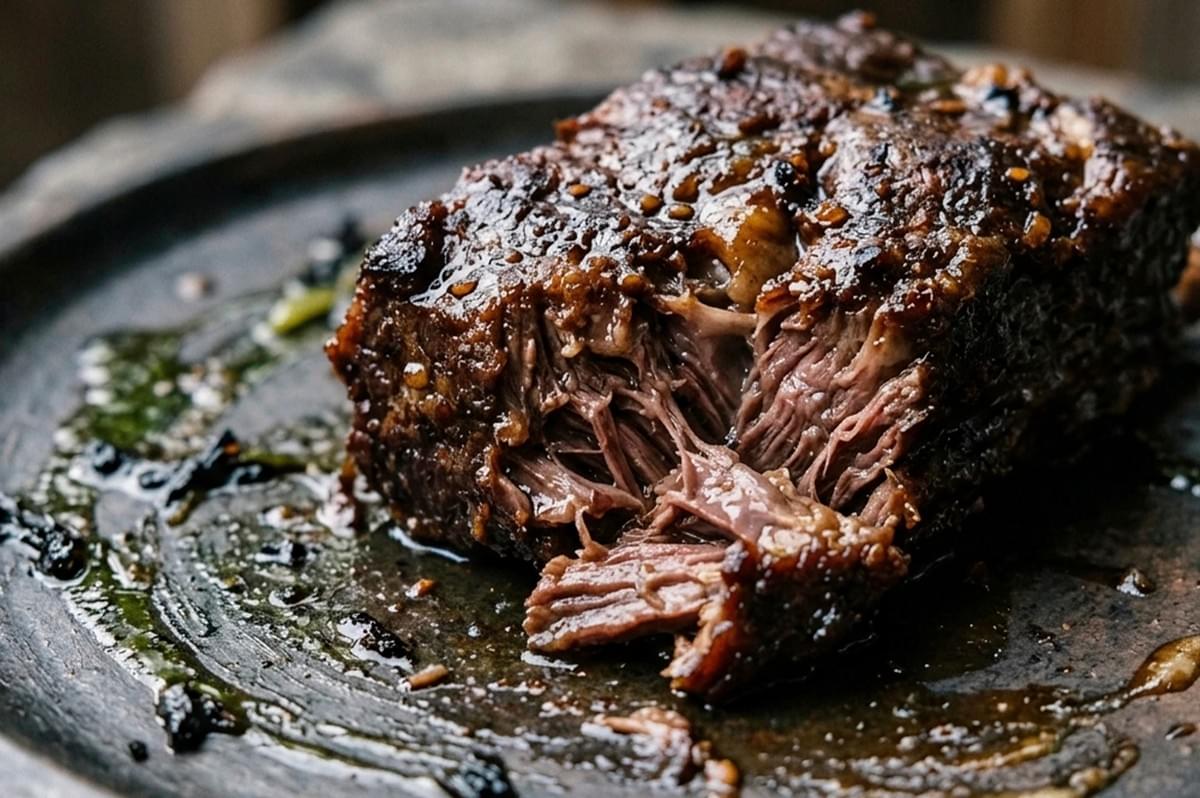 Well-glazed braised beef short rib presented as a complete plated dish on a modern, matte-dark ceramic plate. The rib is tall, dark, and glistening with a reduction sauce, with a clean section of the bone visible. It is garnished with fresh green micro-herbs (like thyme and micro-celery) and a sprinkle of flaky sea salt. Light steam is rising from the hot meat. Surrounding the base of the rib, on the plate, are artistically drizzled concentric circles of vibrant green herb oil and dark reduction sauce, creating a pattern. The scene is set on a dark wood table, with a deeply blurred background suggesting a refined restaurant environment. The lighting is directional and focused, creating depth. Well-glazed braised beef short rib presented as a complete plated dish on a modern, matte-dark ceramic plate. The rib is tall, dark, and glistening with a reduction sauce, with a clean section of the bone visible. It is garnished with fresh green micro-herbs (like thyme and micro-celery) and a sprinkle of flaky sea salt. Light steam is rising from the hot meat. Surrounding the base of the rib, on the plate, are artistically drizzled concentric circles of vibrant green herb oil and dark reduction sauce, creating a pattern. The scene is set on a dark wood table, with a deeply blurred background suggesting a refined restaurant environment. The lighting is directional and focused, creating depth.