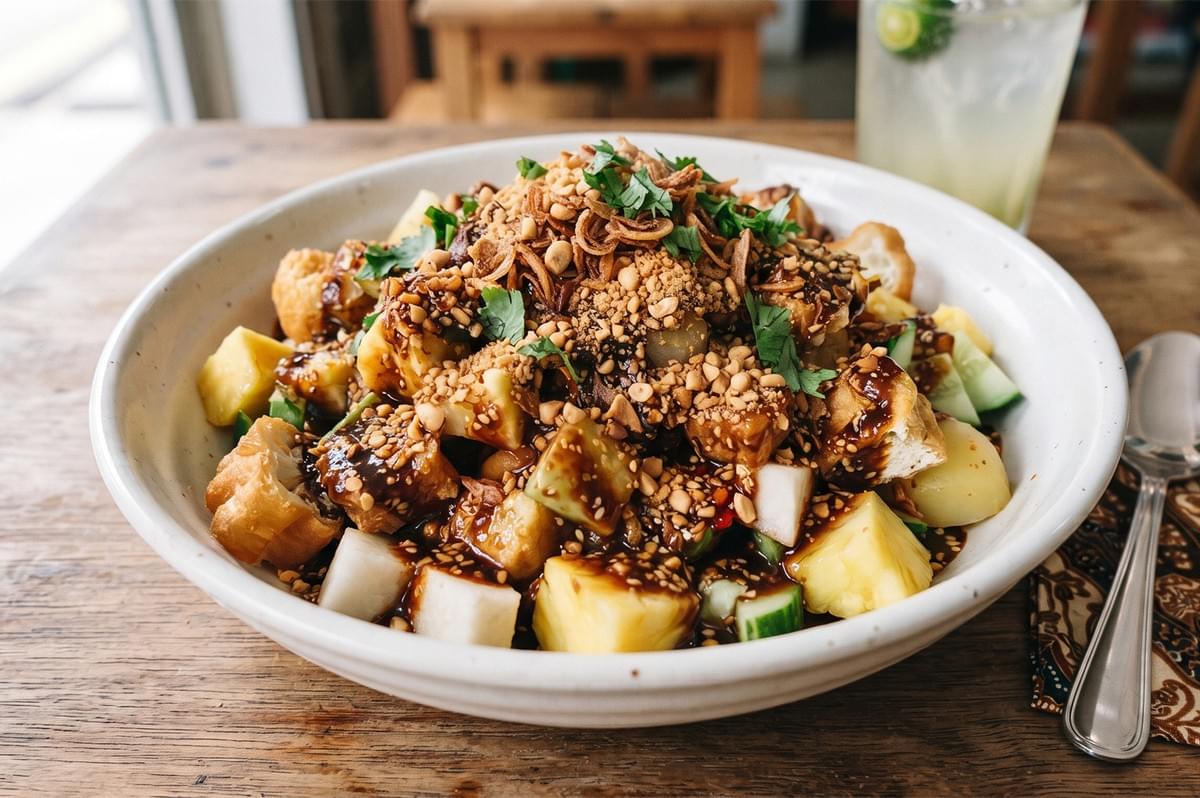A bowl of rojak fruit and vegetable salad topped with crushed peanuts and a dark sweet sauce. A bowl of rojak fruit and vegetable salad topped with crushed peanuts and a dark sweet sauce.