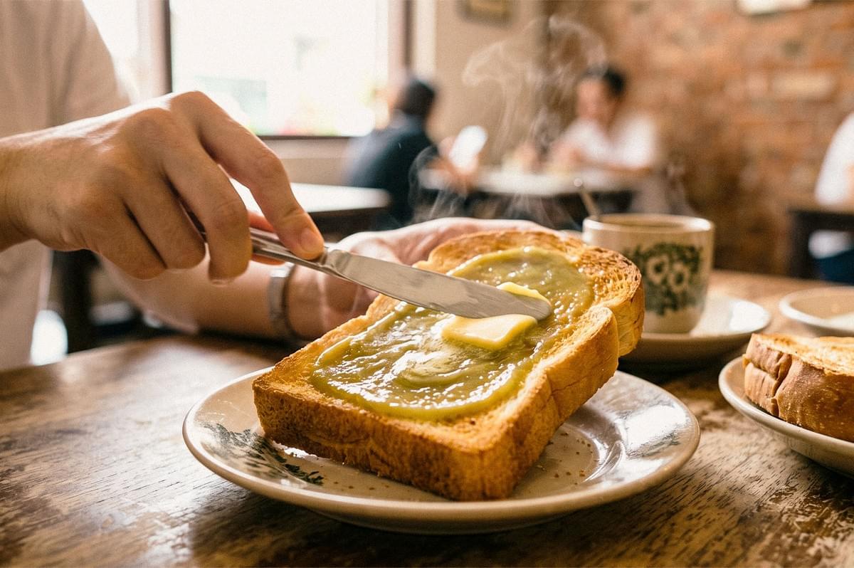 A slice of toasted bread spread with green kaya jam and butter on a plate at a café. A slice of toasted bread spread with green kaya jam and butter on a plate at a café.