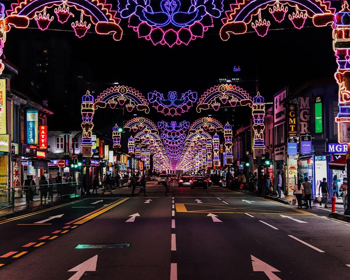 Colourful festive lights decorating the street at Little India Precinct, illuminating the road for Deepavali celebrations at night. Colourful festive lights decorating the street at Little India Precinct, illuminating the road for Deepavali celebrations at night.
