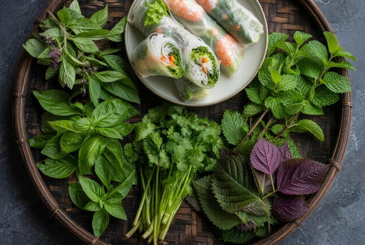 Fresh Vietnamese spring rolls with shrimp arranged on a tray surrounded by basil, mint, and cilantro. Fresh Vietnamese spring rolls with shrimp arranged on a tray surrounded by basil, mint, and cilantro.