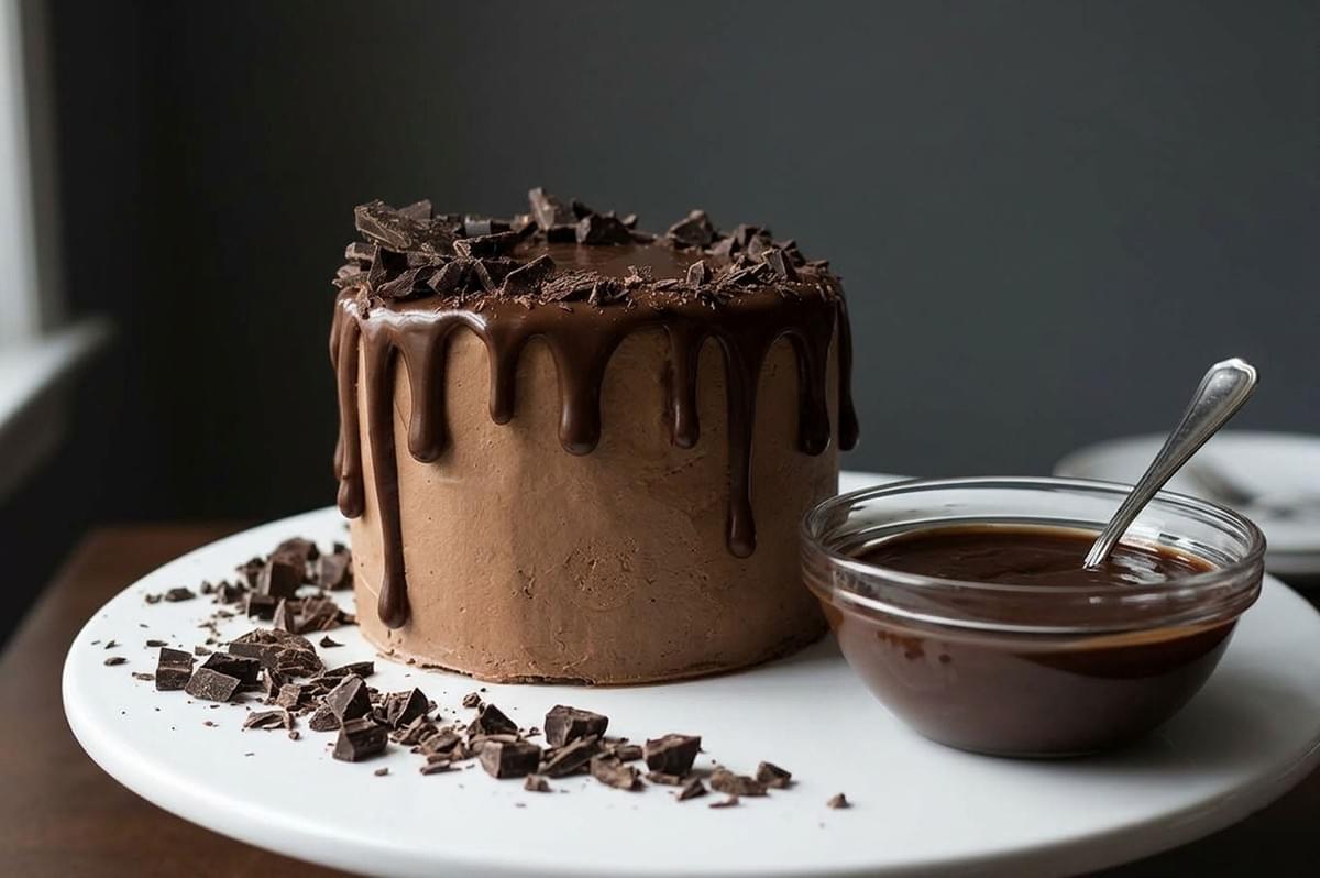 Chocolate drip cake with ganache glaze and shavings, served next to a small bowl of extra ganache Chocolate drip cake with ganache glaze and shavings, served next to a small bowl of extra ganache