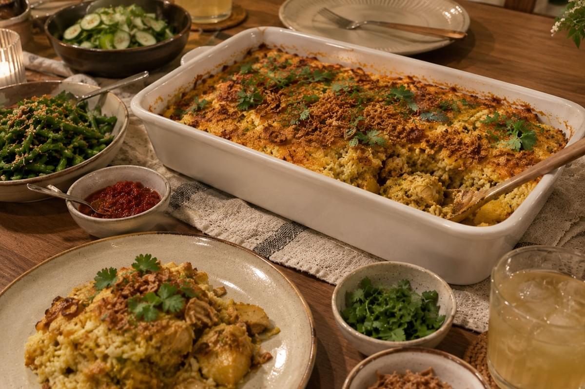 A warm dinner table setting featuring a large white ceramic casserole dish filled with the golden-baked curry chicken rice bake alongside individual serving plates, bowls of green bean salad, cucumber salad, extra chili paste, fresh cilantro, and an iced beverage glass. A warm dinner table setting featuring a large white ceramic casserole dish filled with the golden-baked curry chicken rice bake alongside individual serving plates, bowls of green bean salad, cucumber salad, extra chili paste, fresh cilantro, and an iced beverage glass.