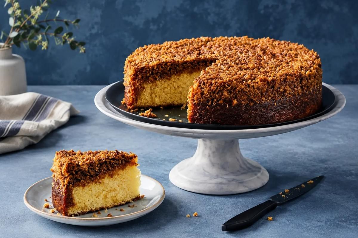 A round coconut cake displayed on a marble stand with one slice served on a plate nearby. A round coconut cake displayed on a marble stand with one slice served on a plate nearby.