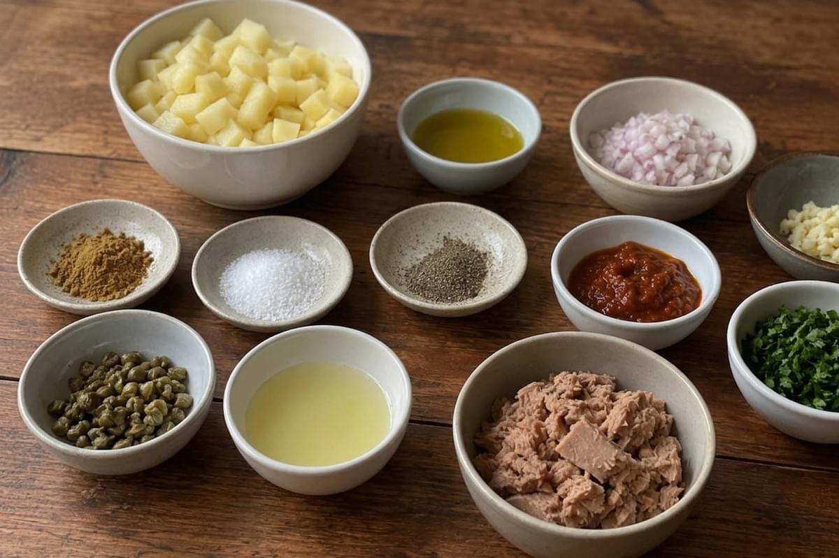 Ingredients for brik including tuna, potatoes, herbs, and spice Ingredients for brik including tuna, potatoes, herbs, and spice