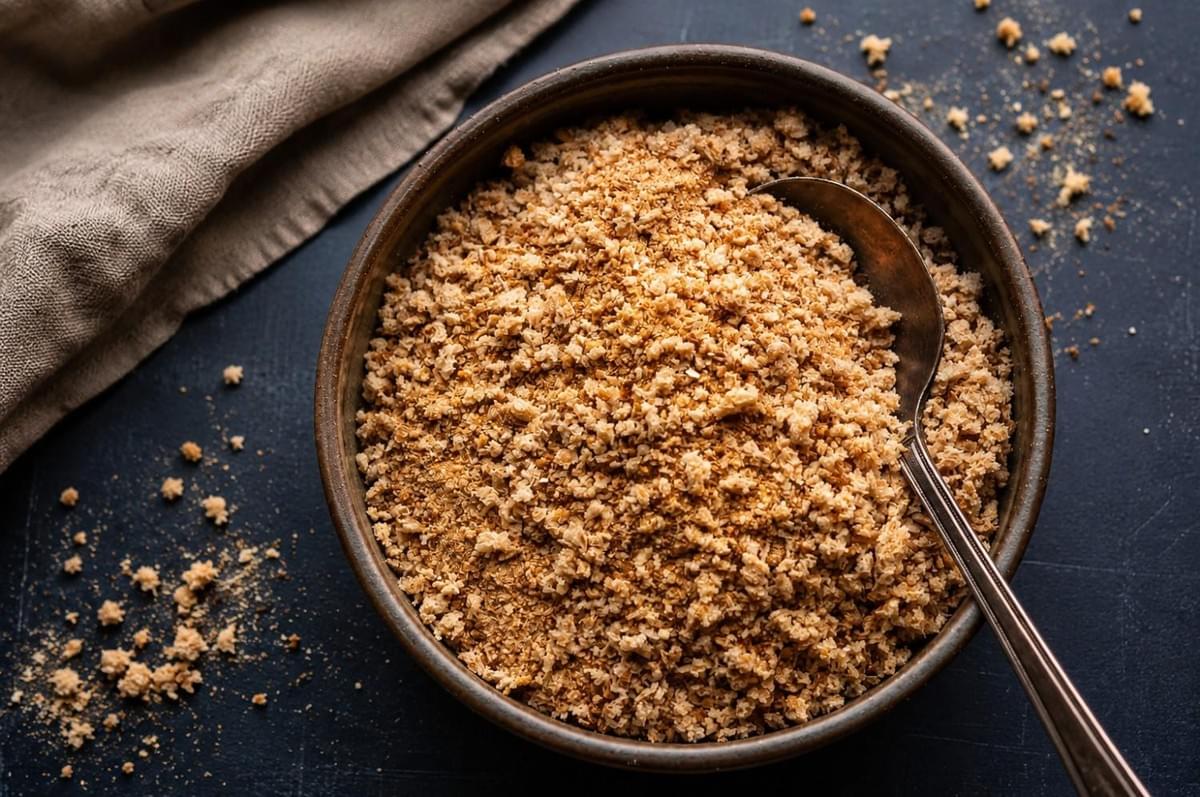 Dark ceramic bowl filled with toasted breadcrumbs and a spoon on a dark surface. Dark ceramic bowl filled with toasted breadcrumbs and a spoon on a dark surface.