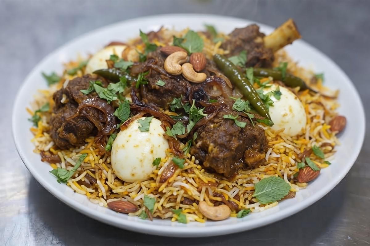 Delicious mutton dum biryani with boiled eggs and nuts on a white plate. Delicious mutton dum biryani with boiled eggs and nuts on a white plate.