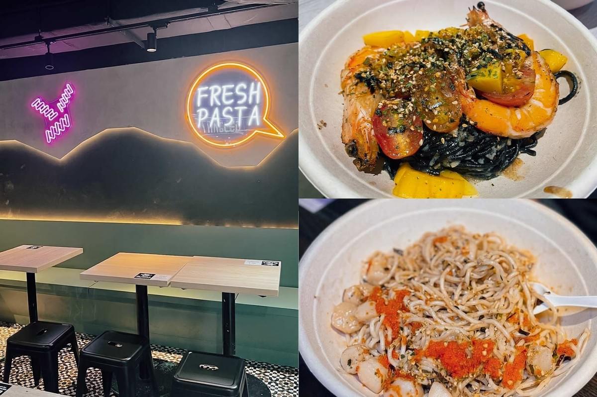 A composite image featuring the interior and dishes from Tangled fresh pasta shop in Raffles Place. The left panel shows empty seating with light wood tables, black stools, and a glowing "FRESH PASTA" neon sign on a grey wall. The top-right panel shows squid ink pasta topped with whole grilled prawns, cherry tomatoes, mango, and herbs in a white paper bowl. The bottom-right panel shows pasta tossed with scallops, orange tobiko (fish roe), and seasonings. A composite image featuring the interior and dishes from Tangled fresh pasta shop in Raffles Place. The left panel shows empty seating with light wood tables, black stools, and a glowing "FRESH PASTA" neon sign on a grey wall. The top-right panel shows squid ink pasta topped with whole grilled prawns, cherry tomatoes, mango, and herbs in a white paper bowl. The bottom-right panel shows pasta tossed with scallops, orange tobiko (fish roe), and seasonings.
