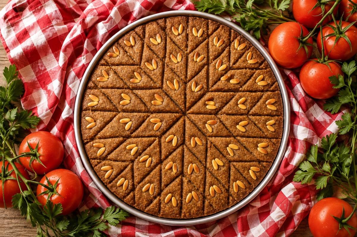 Top-down view of baked kibbeh arranged in a starburst diamond pattern topped with pine nuts, surrounded by fresh vine tomatoes and parsley on a red checkered cloth. Top-down view of baked kibbeh arranged in a starburst diamond pattern topped with pine nuts, surrounded by fresh vine tomatoes and parsley on a red checkered cloth.
