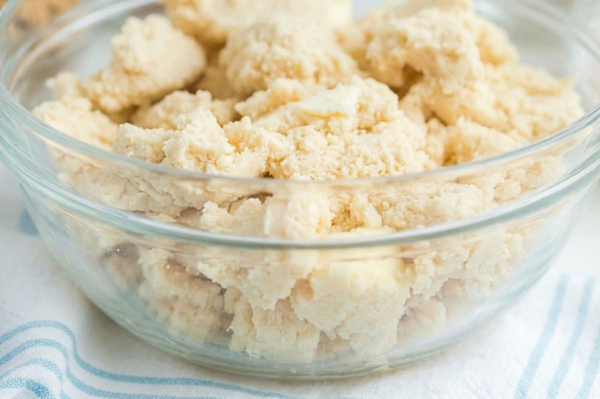 Glass bowl containing cream cheese dough mixture for rugelach preparation Glass bowl containing cream cheese dough mixture for rugelach preparation