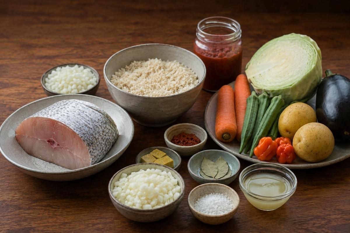 Ingredients for thieboudienne including raw fish, rice, vegetables, tomato paste, and spices Ingredients for thieboudienne including raw fish, rice, vegetables, tomato paste, and spices
