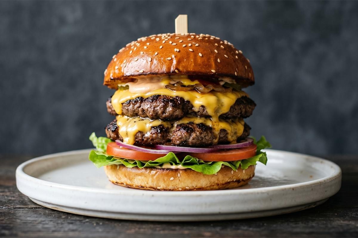 A double cheeseburger with two grilled beef patties, melted cheddar cheese, lettuce, tomato, red onion, and burger sauce on a toasted sesame seed bun. A double cheeseburger with two grilled beef patties, melted cheddar cheese, lettuce, tomato, red onion, and burger sauce on a toasted sesame seed bun.