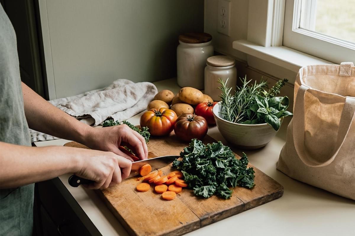 A person slicing carrots on a wooden cutting board next to fresh kale, heirloom tomatoes, potatoes, fresh herbs, and a reusable tote bag on a kitchen counter near a window. A person slicing carrots on a wooden cutting board next to fresh kale, heirloom tomatoes, potatoes, fresh herbs, and a reusable tote bag on a kitchen counter near a window.