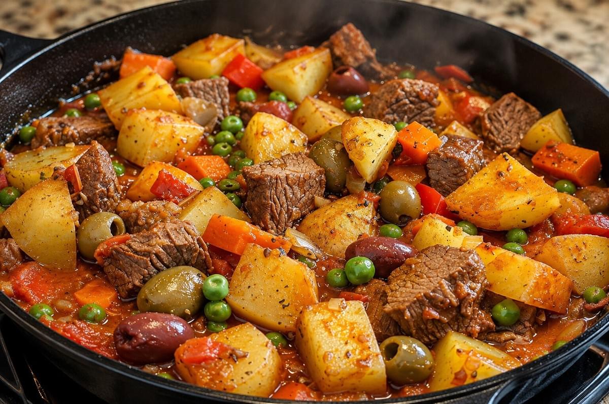 Skillet filled with rich beef stew containing potatoes, carrots, green peas, olives, and bell peppers. Skillet filled with rich beef stew containing potatoes, carrots, green peas, olives, and bell peppers.