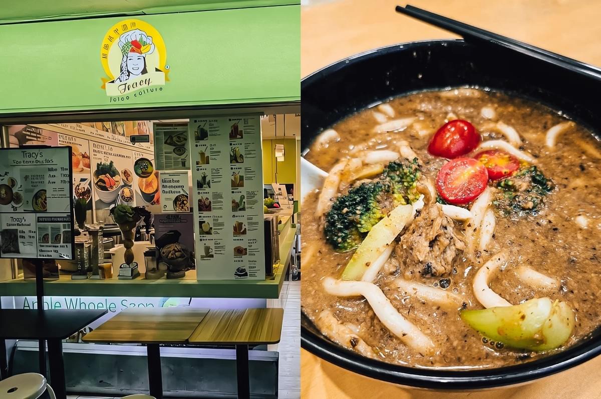 Left: Eye-level frontal shot of a bright green storefront labeled ‘Tracy,’ displaying a menu board with photos of dishes and a small counter setup inside a food court; Right: Close-up three-quarter shot of a bowl of noodle soup with thick broth, udon noodles, broccoli, cherry tomatoes, and plant-based toppings in a black bowl on a wooden table. Left: Eye-level frontal shot of a bright green storefront labeled ‘Tracy,’ displaying a menu board with photos of dishes and a small counter setup inside a food court; Right: Close-up three-quarter shot of a bowl of noodle soup with thick broth, udon noodles, broccoli, cherry tomatoes, and plant-based toppings in a black bowl on a wooden table.