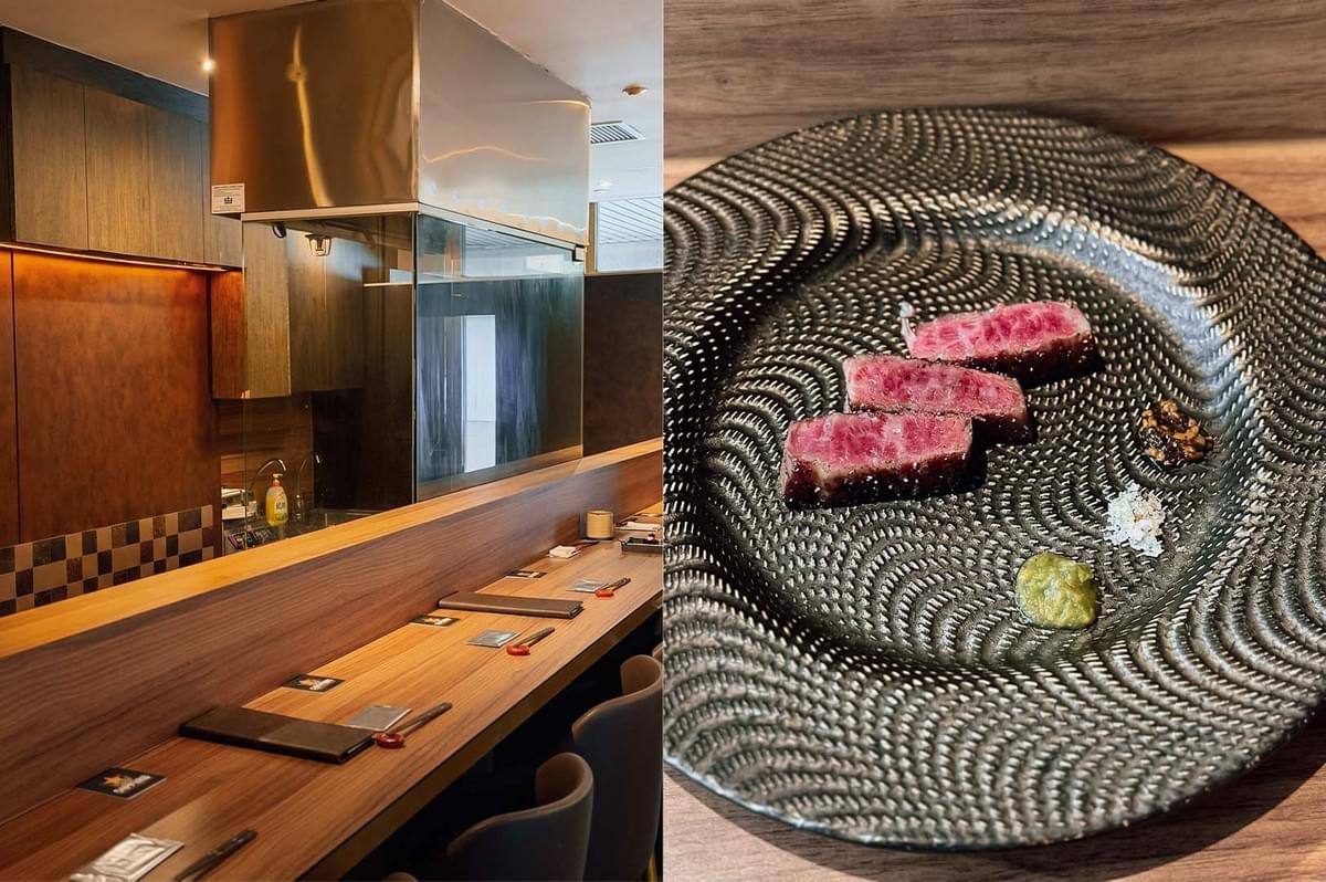 A two-panel collage showcasing a Japanese steak dining experience: the left panel shows an intimate wooden chef's counter with seating facing an open grill with a metallic exhaust hood; the right panel shows a close-up of three slices of grilled, medium-rare Wagyu beef served on a textured metallic plate accompanied by sea salt, wasabi, and condiment dips. A two-panel collage showcasing a Japanese steak dining experience: the left panel shows an intimate wooden chef's counter with seating facing an open grill with a metallic exhaust hood; the right panel shows a close-up of three slices of grilled, medium-rare Wagyu beef served on a textured metallic plate accompanied by sea salt, wasabi, and condiment dips.