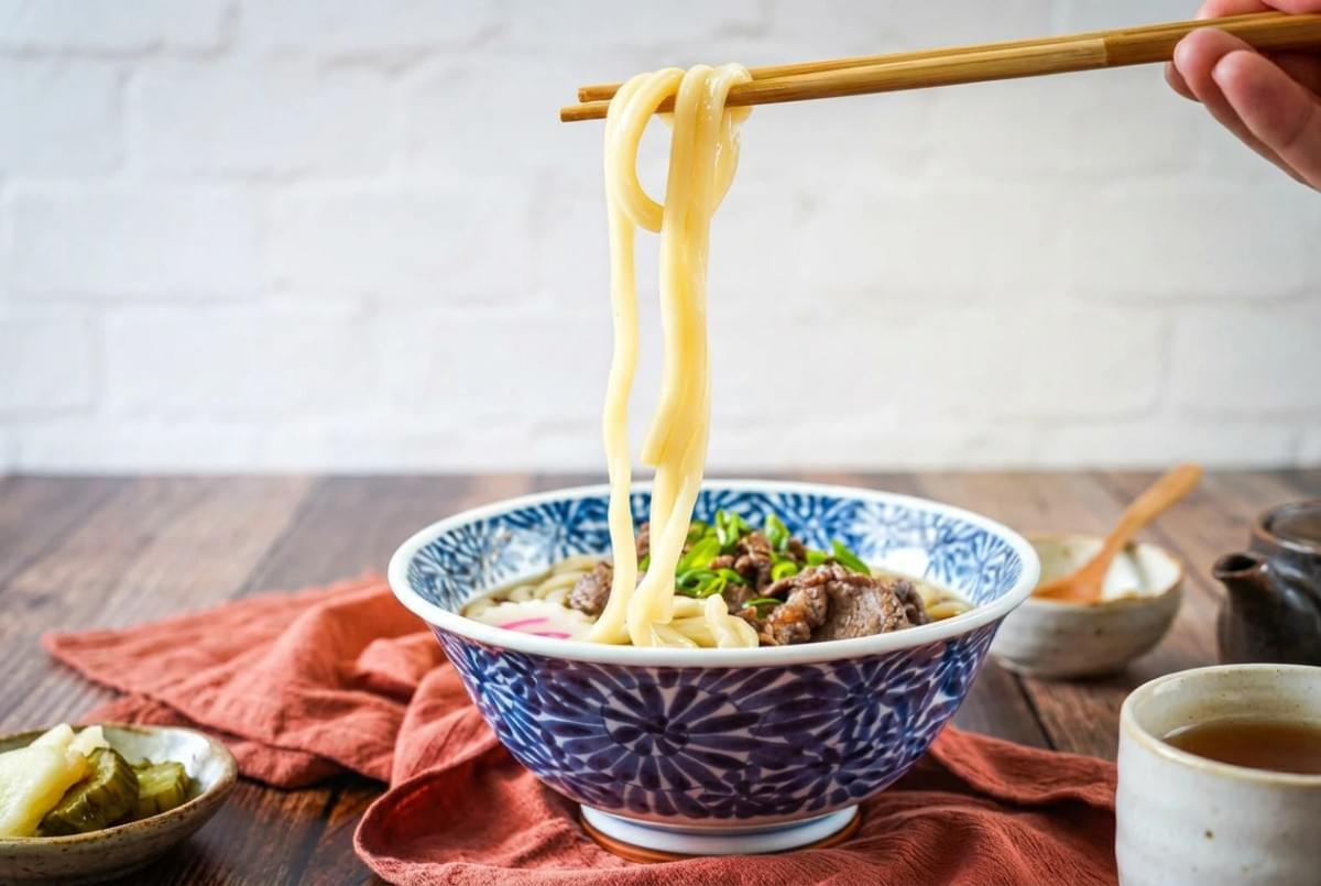 Chopsticks lifting thick udon noodles high out of a blue floral bowl of beef udon soup. Chopsticks lifting thick udon noodles high out of a blue floral bowl of beef udon soup.