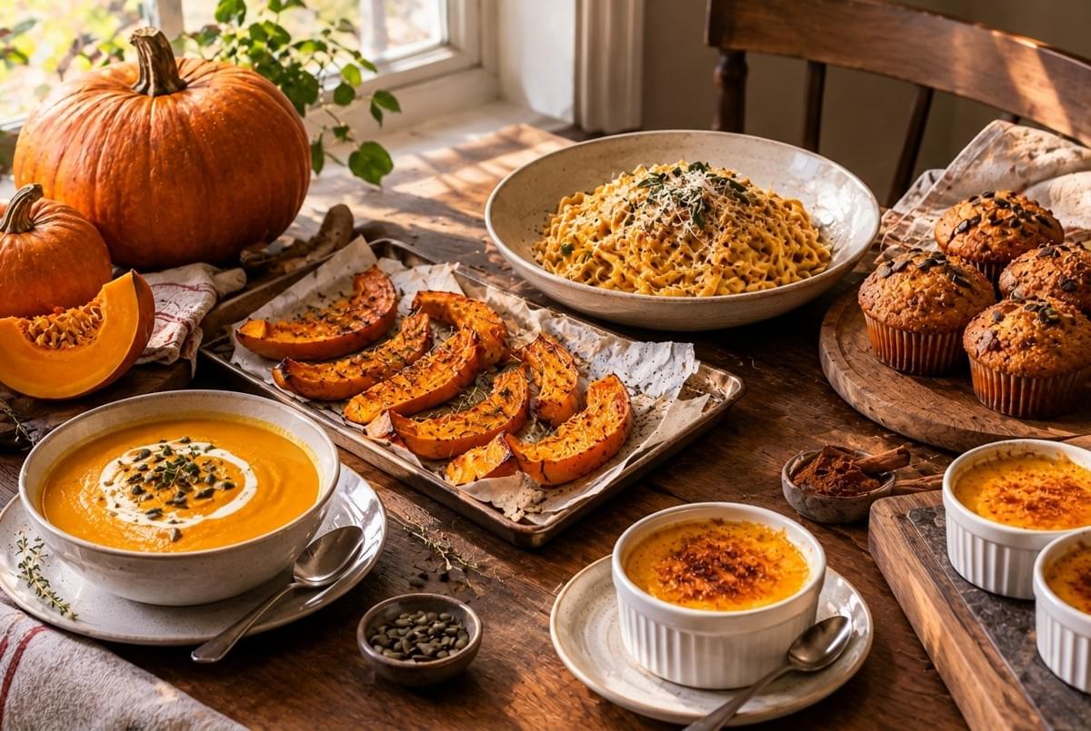 Autumn dining table featuring pumpkin soup, roasted wedges, pumpkin pasta, muffins, and ramekins of crème brûlée. Autumn dining table featuring pumpkin soup, roasted wedges, pumpkin pasta, muffins, and ramekins of crème brûlée.