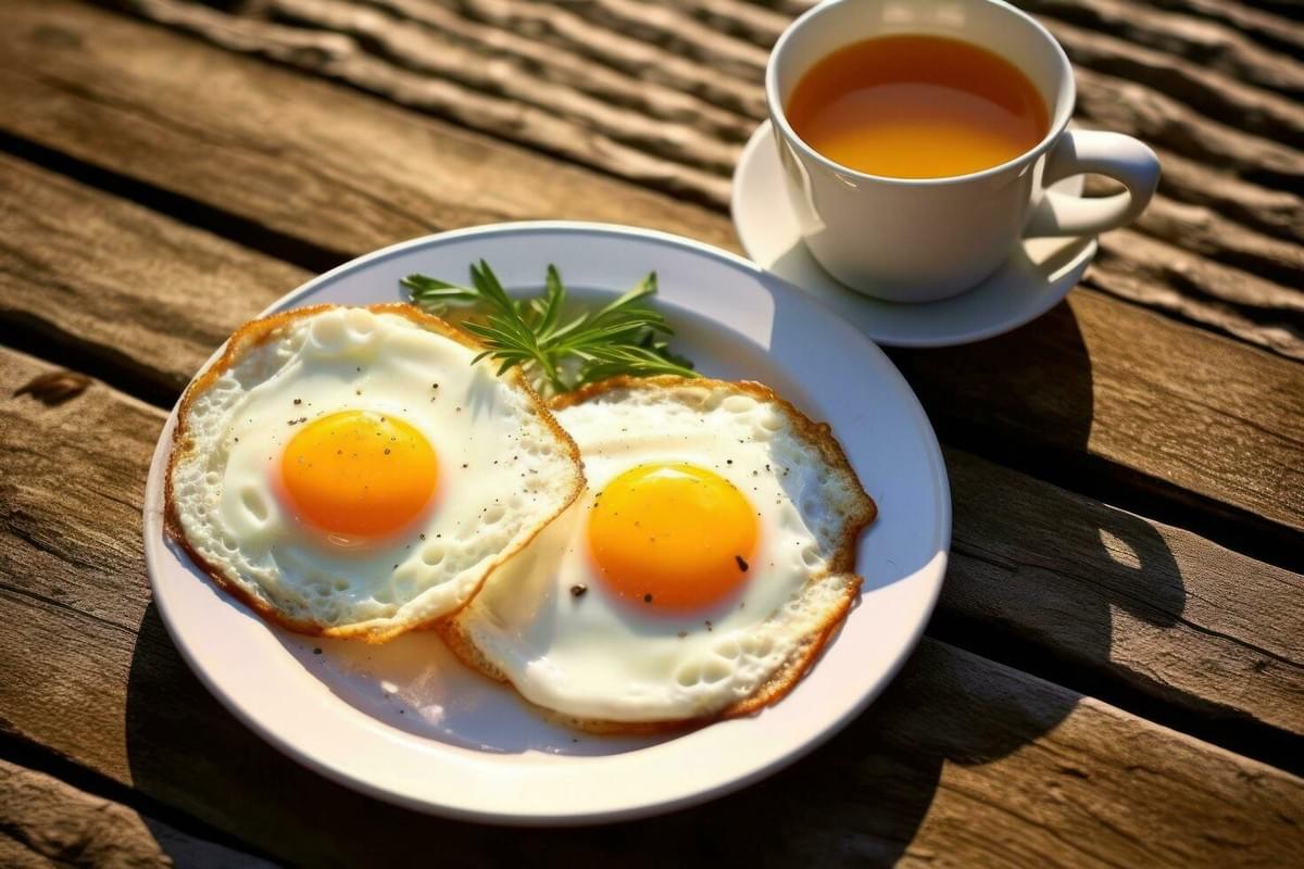 A white plate holding two fried eggs with bright yellow yolks and a sprig of greens sits on a textured wooden surface. Beside the plate, a white teacup filled with a warm beverage rests on a matching saucer in natural sunlight. A white plate holding two fried eggs with bright yellow yolks and a sprig of greens sits on a textured wooden surface. Beside the plate, a white teacup filled with a warm beverage rests on a matching saucer in natural sunlight.