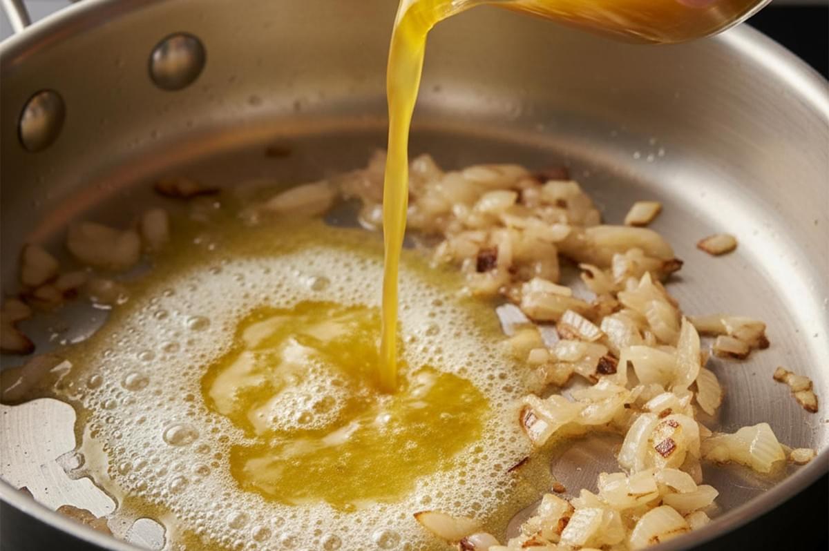Saffron-infused stock being poured into a stainless steel pan with sautéed onions and bubbling butter to create a pasta sauce base. Saffron-infused stock being poured into a stainless steel pan with sautéed onions and bubbling butter to create a pasta sauce base.