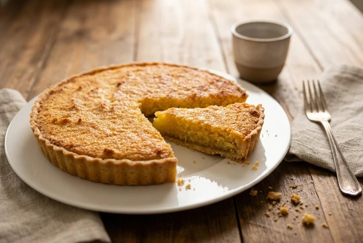 Freshly baked golden coconut tart on a white plate with a single slice separated from the rest. Freshly baked golden coconut tart on a white plate with a single slice separated from the rest.