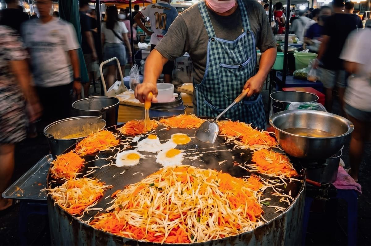 Eye-level action shot of a Bangkok street food vendor cooking pad thai on a large hot griddle with eggs, bean sprouts, and noodles in a busy Thai night market. Eye-level action shot of a Bangkok street food vendor cooking pad thai on a large hot griddle with eggs, bean sprouts, and noodles in a busy Thai night market.