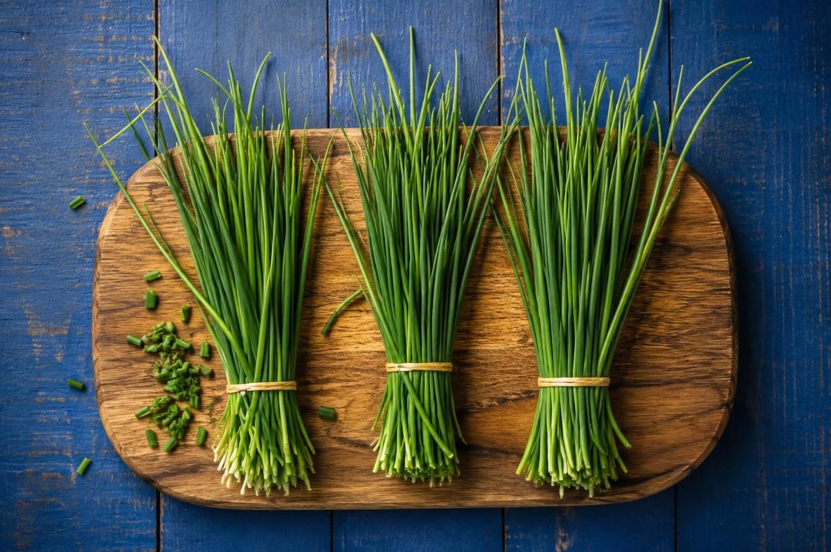 Overhead view of three tied bunches of fresh green chives arranged on a wooden board over a blue painted wooden surface. Overhead view of three tied bunches of fresh green chives arranged on a wooden board over a blue painted wooden surface.
