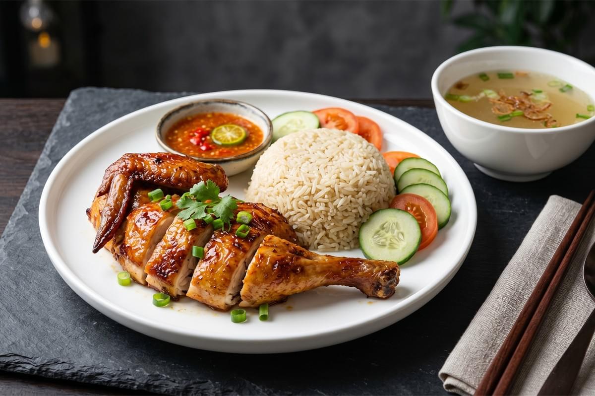 Traditional roasted chicken rice set meal served with sliced cucumbers, chili sauce with calamansi, and a side of chicken broth on a dark slate background. Traditional roasted chicken rice set meal served with sliced cucumbers, chili sauce with calamansi, and a side of chicken broth on a dark slate background.