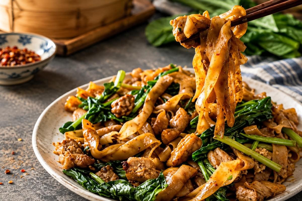 Chopsticks lifting a mouthful of dark soy sauce-coated flat rice noodles from a stir-fried dish with greens and chicken. Chopsticks lifting a mouthful of dark soy sauce-coated flat rice noodles from a stir-fried dish with greens and chicken.