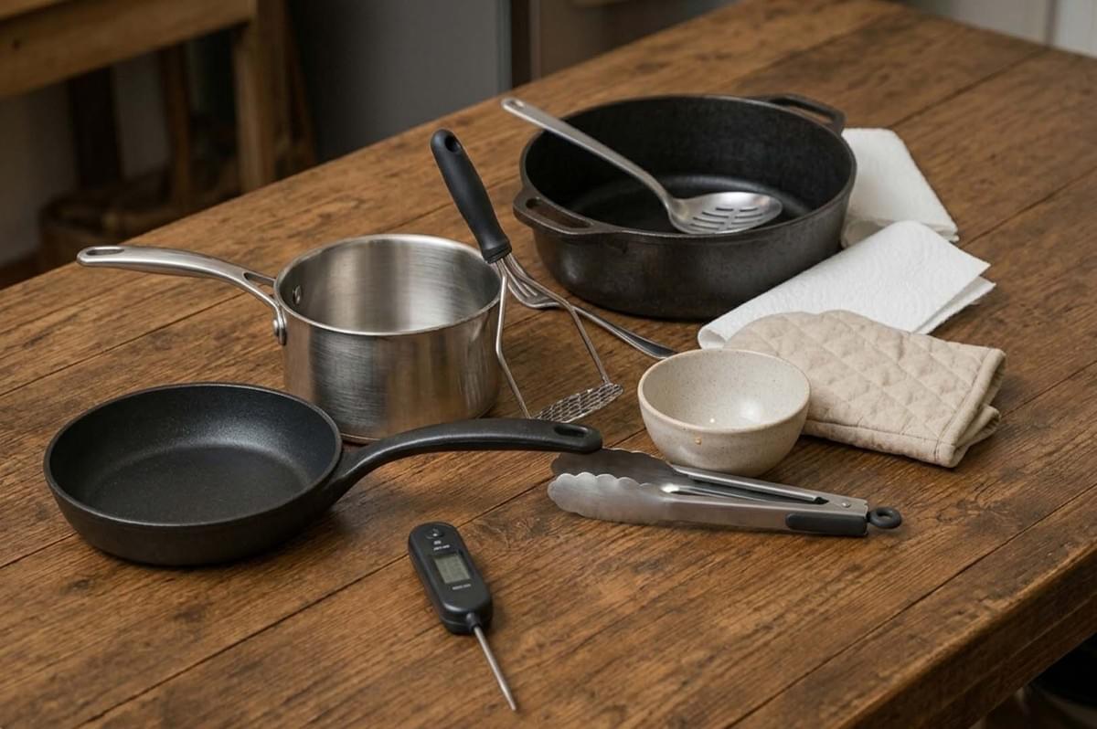 Cooking equipment and utensils arranged on wooden table Cooking equipment and utensils arranged on wooden table