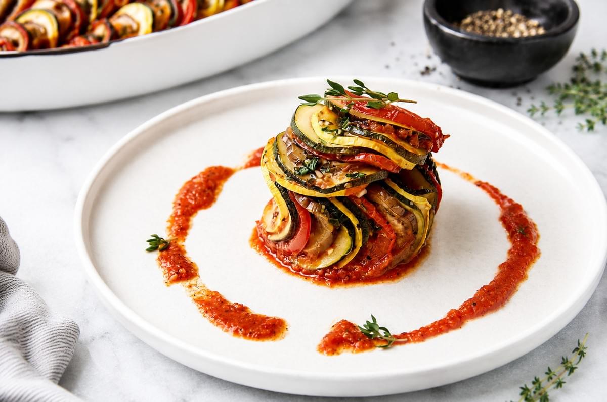 A neatly stacked tower of sliced ratatouille vegetables on a white plate, garnished with fresh thyme and a swirl of red sauce. A neatly stacked tower of sliced ratatouille vegetables on a white plate, garnished with fresh thyme and a swirl of red sauce.
