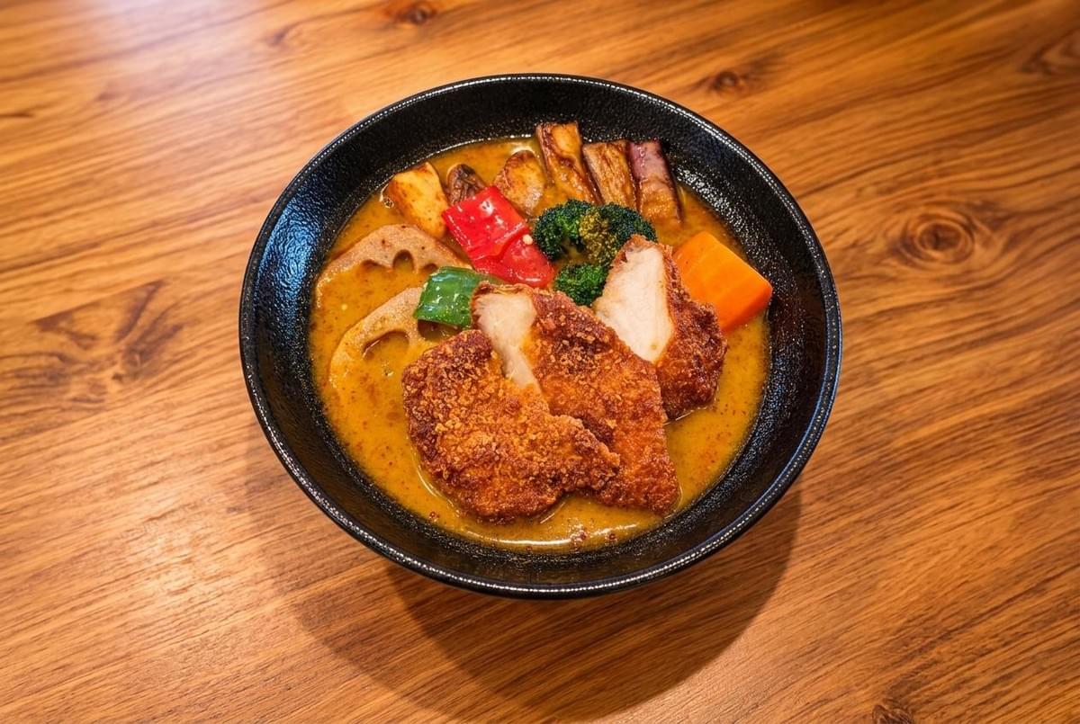 A black bowl filled with rich Japanese soup curry is served on a polished wooden surface. The dish is topped with crispy fried chicken cutlets and colorful roasted vegetables, including lotus root, red bell pepper, broccoli, and carrots. A black bowl filled with rich Japanese soup curry is served on a polished wooden surface. The dish is topped with crispy fried chicken cutlets and colorful roasted vegetables, including lotus root, red bell pepper, broccoli, and carrots.