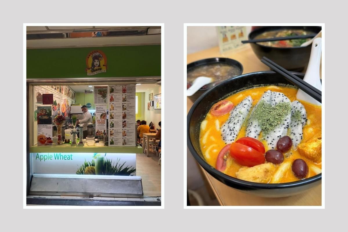 A split-screen image shows the storefront of Tracy Juice Culture, a vibrant food stall featuring a menu of health-focused items and an "Apple Wheat" sign. On the right, a close-up reveals a unique bowl of orange-broth noodle soup topped with fresh dragon fruit slices, tomatoes, grapes, and tofu puffs, accompanied by chopsticks. A split-screen image shows the storefront of Tracy Juice Culture, a vibrant food stall featuring a menu of health-focused items and an "Apple Wheat" sign. On the right, a close-up reveals a unique bowl of orange-broth noodle soup topped with fresh dragon fruit slices, tomatoes, grapes, and tofu puffs, accompanied by chopsticks.