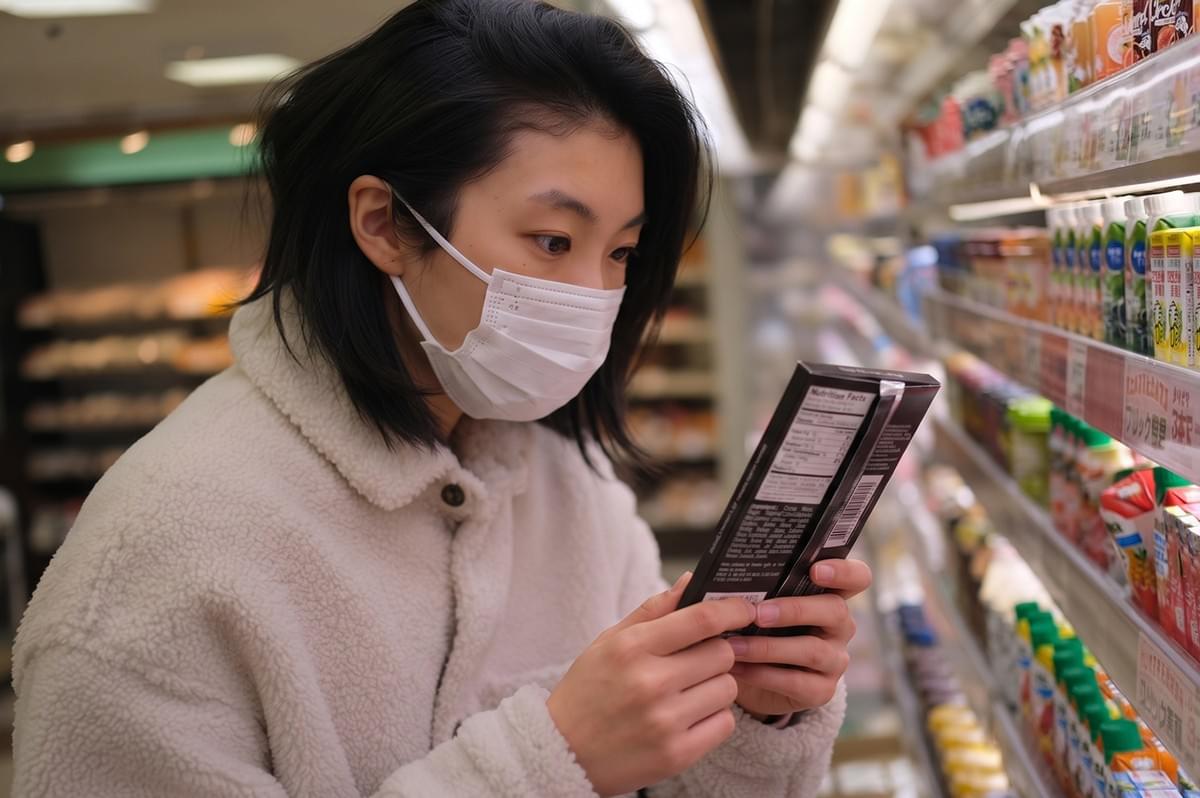 A person reading the ingredients label of a chocolate bar in a grocery store aisle. A person reading the ingredients label of a chocolate bar in a grocery store aisle.