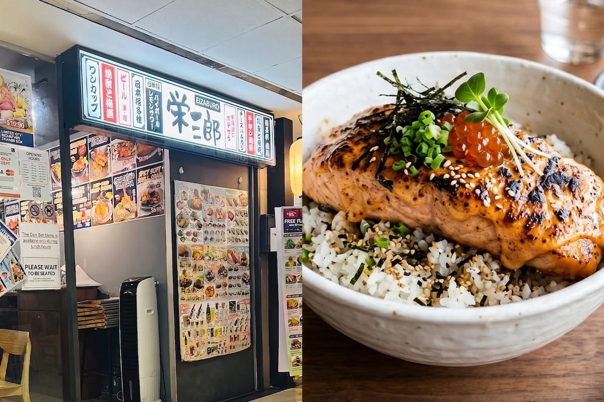 Storefront of Eizaburo Japanese restaurant featuring menu posters, alongside a close-up of a torched salmon donburi bowl topped with salmon roe and scallions. Storefront of Eizaburo Japanese restaurant featuring menu posters, alongside a close-up of a torched salmon donburi bowl topped with salmon roe and scallions.