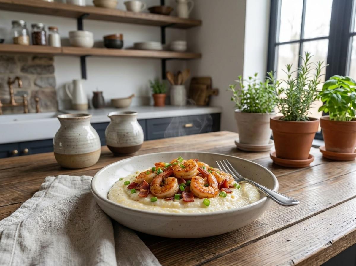 Shallow bowl of steamed shrimp and bacon over creamy grits on a rustic table. Shallow bowl of steamed shrimp and bacon over creamy grits on a rustic table.