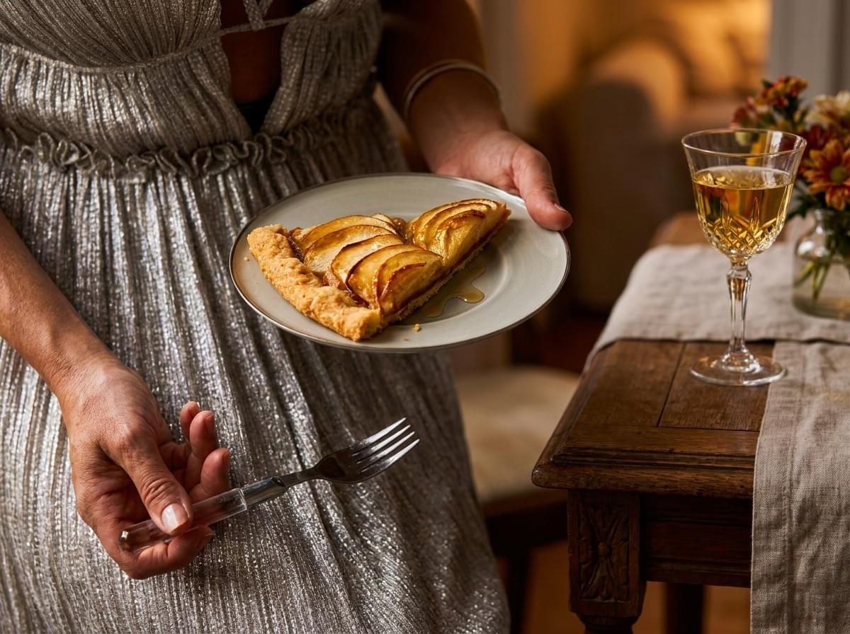 A person wearing a shimmering silver dress holds a plate with a slice of golden apple tart beside a rustic wooden table. A glass of white wine and a small floral arrangement sit nearby, illuminated by warm ambient lighting that creates an elegant and cozy atmosphere. A person wearing a shimmering silver dress holds a plate with a slice of golden apple tart beside a rustic wooden table. A glass of white wine and a small floral arrangement sit nearby, illuminated by warm ambient lighting that creates an elegant and cozy atmosphere.
