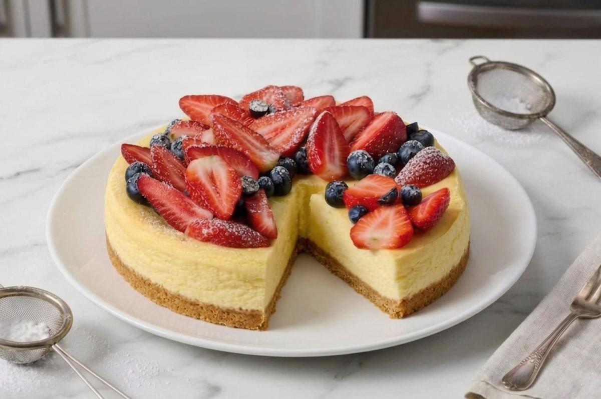 Ricotta cheesecake topped with fresh strawberries and blueberries on a white plate with a slice removed Ricotta cheesecake topped with fresh strawberries and blueberries on a white plate with a slice removed