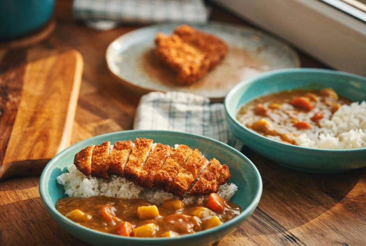 Two teal bowls filled with Japanese chicken katsu curry and rice on a wooden table. Two teal bowls filled with Japanese chicken katsu curry and rice on a wooden table.