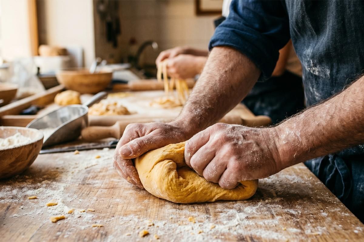Chef kneading fresh pasta dough on a floured wooden table in a kitchen. Chef kneading fresh pasta dough on a floured wooden table in a kitchen.