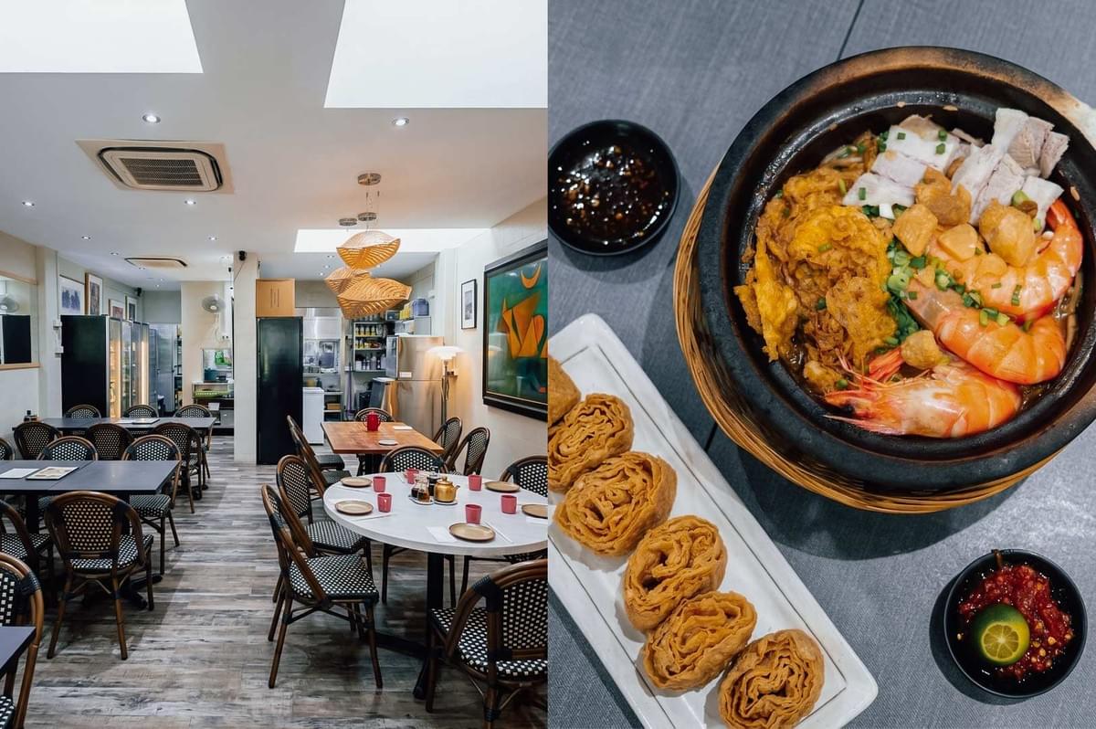 A split-screen composition shows a brightly lit, modern Chinese restaurant interior on the left, arranged with round and rectangular dining tables, patterned woven chairs, and warm pendant lighting set against light wood-toned flooring. On the right, an overhead shot displays a bubbling claypot seafood dish packed with whole prawns, sliced pork belly, fried egg, and lard crisps, served alongside a platter of rolled crispy tofu skin and small dipping saucers of chili sauce. A split-screen composition shows a brightly lit, modern Chinese restaurant interior on the left, arranged with round and rectangular dining tables, patterned woven chairs, and warm pendant lighting set against light wood-toned flooring. On the right, an overhead shot displays a bubbling claypot seafood dish packed with whole prawns, sliced pork belly, fried egg, and lard crisps, served alongside a platter of rolled crispy tofu skin and small dipping saucers of chili sauce.