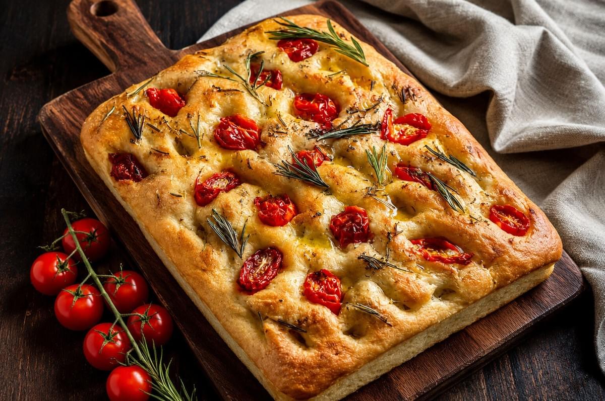 A rectangular loaf of freshly baked focaccia bread on a wooden cutting board, topped with roasted cherry tomatoes, fresh rosemary sprigs, and olive oil, next to a vine of fresh cherry tomatoes. A rectangular loaf of freshly baked focaccia bread on a wooden cutting board, topped with roasted cherry tomatoes, fresh rosemary sprigs, and olive oil, next to a vine of fresh cherry tomatoes.